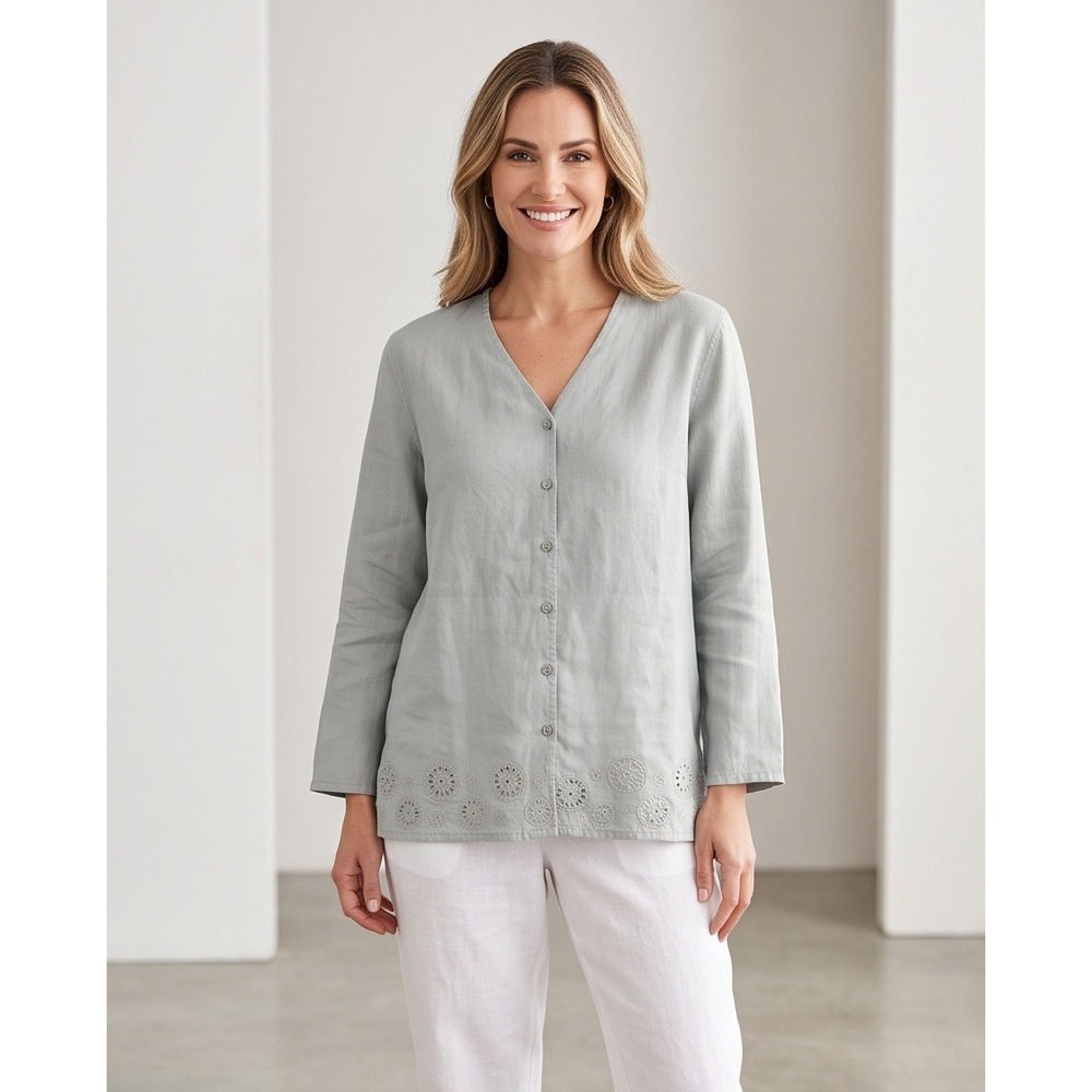 J. Jill‎ XL Linen Embroidered Button Down Shirt Gray Green Laser Cut Out Hem